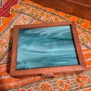 Vintage Stained Glass Blonde Wood Jewelry Box